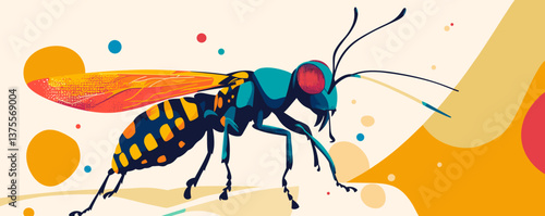 Colorful abstract wasp illustration with geometric shapes and bold patterns - vector.