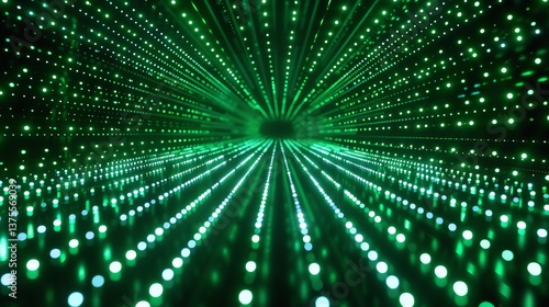 Abstract background of glowing green dots and lines in perspective. Futuristic technology or science fiction concept.