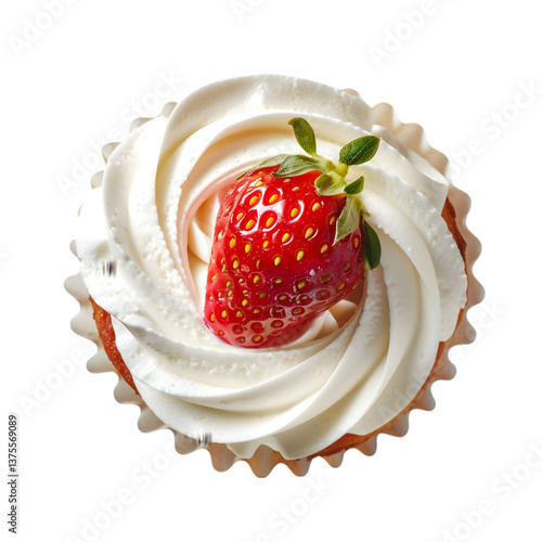 A top view of a cupcake with white frosting and a strawberry on top against a black background