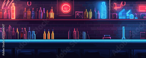 Neon nightclub bar with colorful bottles and moody lighting, retro vibe - vector.