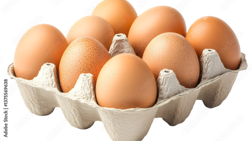 A carton of eight brown eggs sitting in a gray cardboard container against a transparent background image A carton of eight brown eggs sitting in a gray cardboard container against a transparent background image