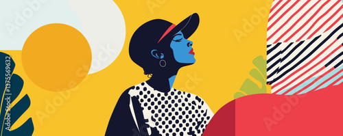 Colorful abstract portrait of a woman in a hat against geometric background, vector.