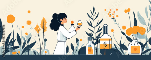 Scientist analyzing plant extracts in a laboratory garden - vector.