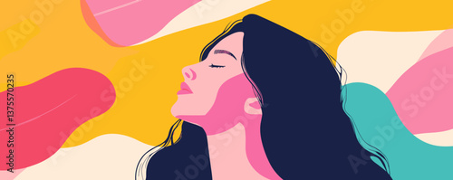 Colorful abstract portrait of a woman with long hair and closed eyes - vector.