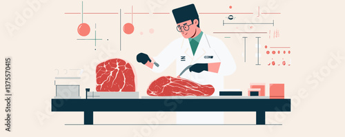 Butcher in lab coat analyzing meat cuts at modern facility - vector.