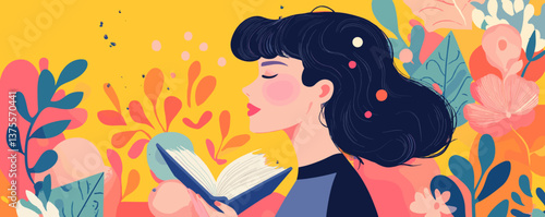Woman reading book amidst colorful floral background, side view, peaceful and calm - vector.