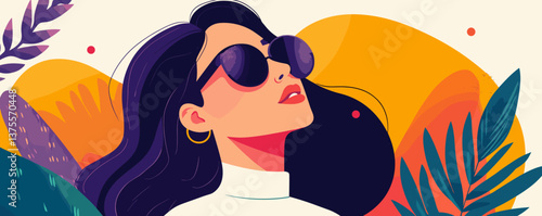 Stylish woman with sunglasses in vibrant tropical background - vector.