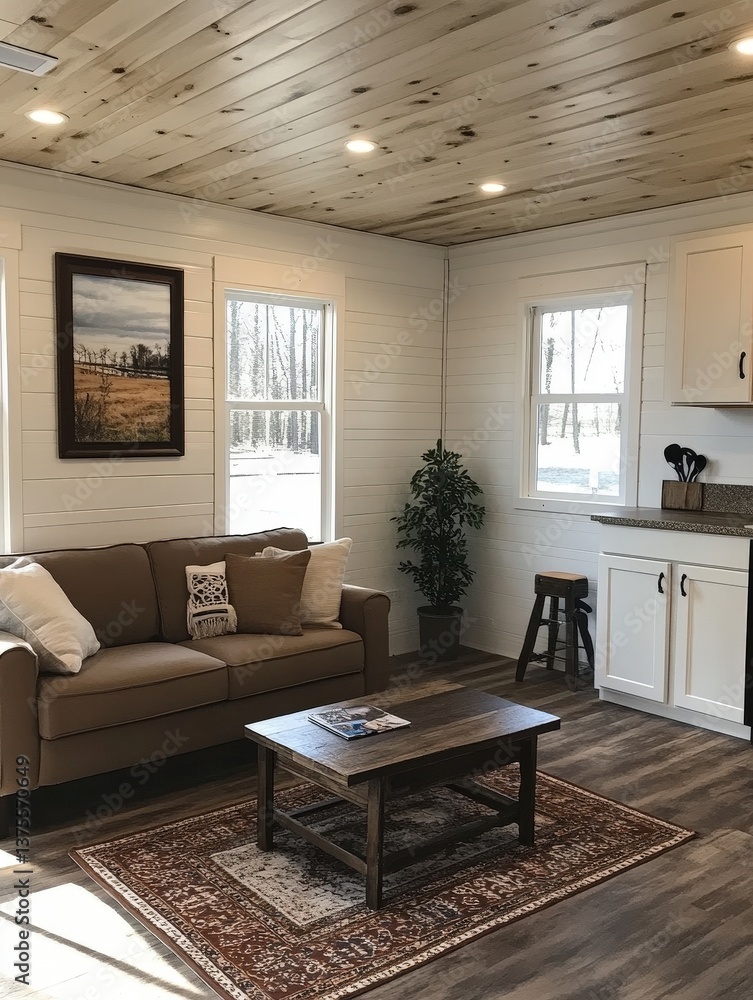 Fototapeta premium Warm, inviting living room with wood accents and a cozy brown couch. Natural light streams through windows overlooking trees. A peaceful retreat