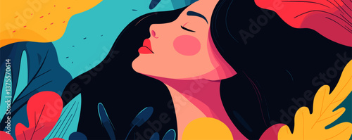 Vibrant portrait of a woman amidst colorful leaves and floral elements, vector.