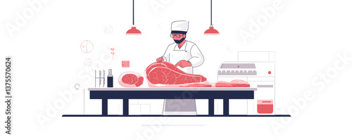 Butcher preparing meat on table in modern kitchen setting - vector.