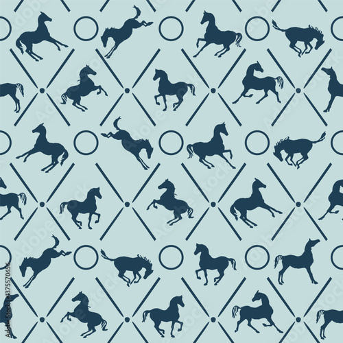 Equestrian art rhombus seamless pattern with horse silhouette. Elegant noble background horse motif. Geometric gird vector poses ornament texture. England luxury classic vintage retro hand drawn style