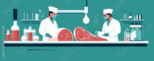 Scientists analyzing meat samples in laboratory with advanced equipment and tools - vector.