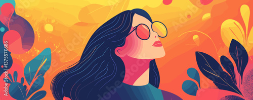 Woman in sunglasses amidst colorful abstract background, vibrant nature elements vector.