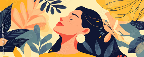 Serene woman among tropical leaves with eyes closed in nature, vector.