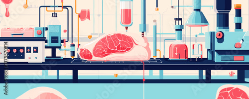 Futuristic lab setup for cultured meat production with equipment and meat pieces - vector.