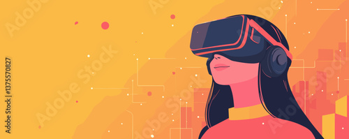 Woman using virtual reality headset in futuristic digital world - vector.
