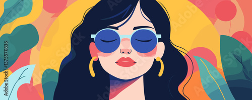 Stylish woman with sunglasses and long hair in colorful abstract background vector.