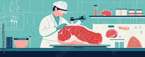 Food scientist analyzing ribeye steak in laboratory setting – vector.