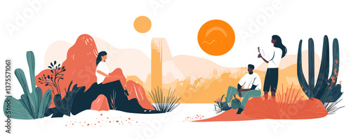 Desert landscape with people exploring nature in arid canyon environment vector.