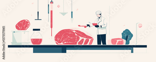 Scientist working on lab-grown meat with laboratory equipment and beef cuts – vector.