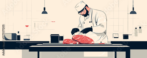 Chef preparing meat in modern kitchen – vector.