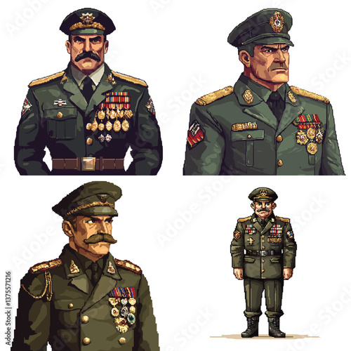 Collection of military generals in decorated uniforms with medals and serious expressions, perfect for war themes, strategy games, leadership artwork, and historical character designs.

