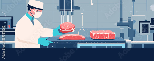 Butcher cutting meat in industrial food processing plant vector.