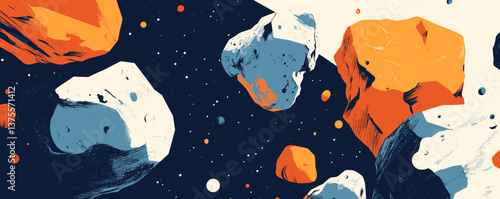 Colorful asteroids and space debris in deep space dark background - vector.