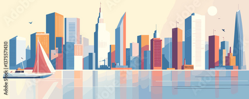 Modern city skyline with sailboat and birds in pastel colors, waterfront scene – vector.