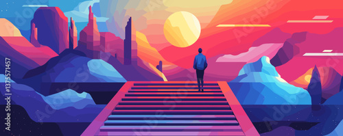 Vibrant landscape with man on bridge at sunset over mountains and river, digital art vector.