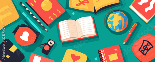 Colorful educational tools and books pattern on green background - vector.