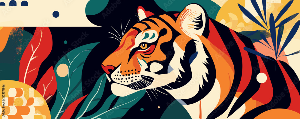 Colorful abstract tiger in a jungle setting with geometric leaves - vector. Colorful abstract tiger in a jungle setting with geometric leaves - vector.