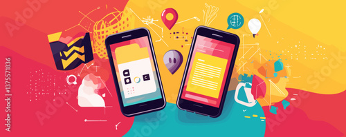 Colorful mobile apps interaction concept with smartphones and icons – vector.