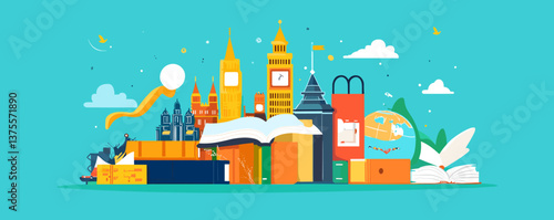 Colorful travel book journey with iconic landmarks and books on blue background - vector.