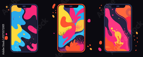 Colorful abstract smartphone displays with vibrant fluid shapes and patterns on black background – vector.