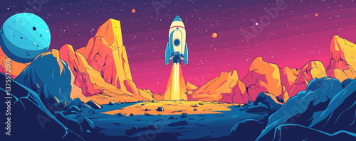 Rocket launch on vibrant alien planet landscape with stars and planets - vector.