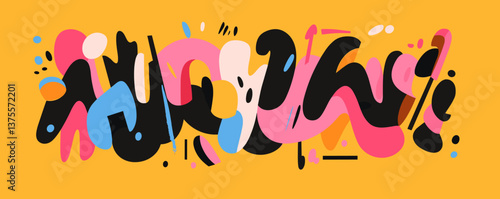 Colorful abstract graffiti style modern art on yellow background - vector.