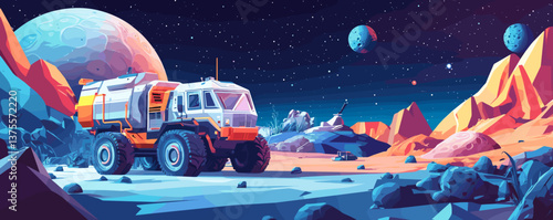 Futuristic space rover on alien planet landscape with moons and stars in night sky - vector.