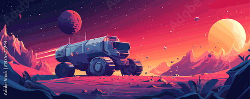 Futuristic rover on alien planet with colorful sunset and dramatic sky, vector.