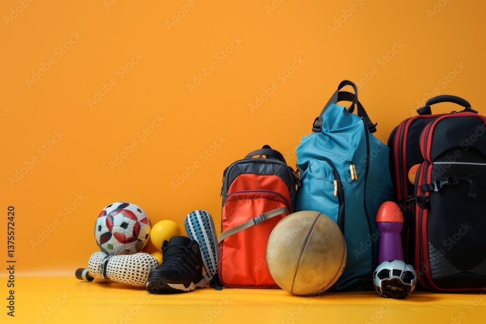 Fototapeta premium Set of sport equipment on floor near color wall
