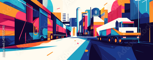 Colorful urban scene with trucks on city street - modern art vector.