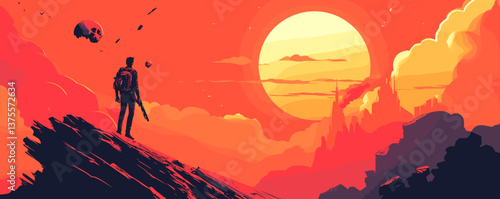 Lone traveler watching surreal sunset over alien landscape with floating skull - vector.