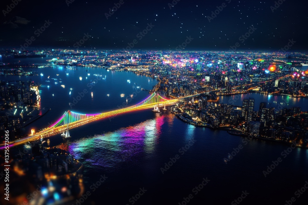 Fototapeta premium Illuminated Tokyo Bay metropolis at night showcasing vibrant city lights and colorful bridge, Aerial illuminated Metropolis city night Tokyo Tower Odaiba Japan