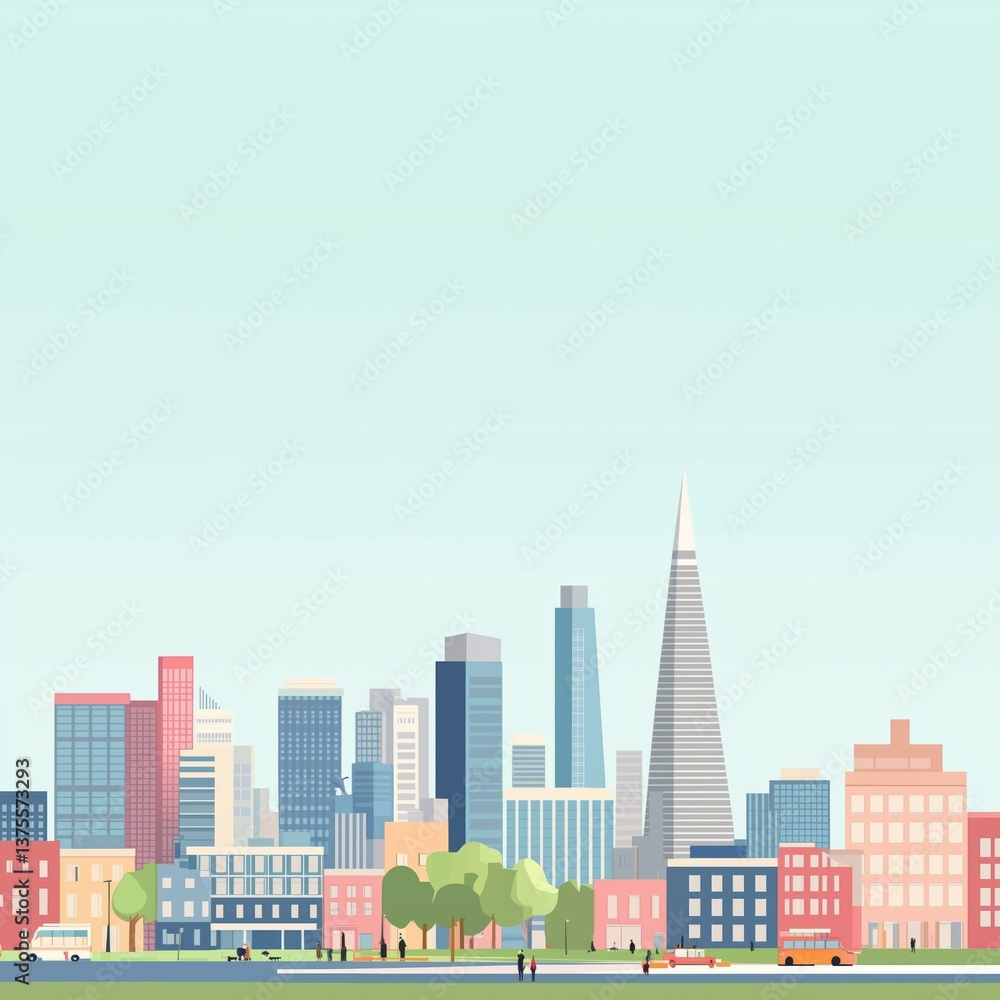 Fototapeta premium Modular Cityscape Vector Pack - Vibrant Geometric Skyline with Transportation Icons | Scalable Urban Design Elements