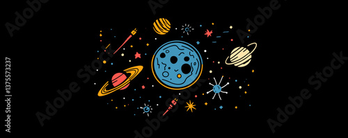 Colorful celestial bodies and planets in space with stars and asteroids on black background - vector.