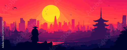 Samurai silhouette at sunset over traditional japanese cityscape - vector.