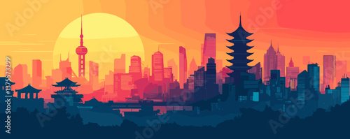 Urban skyline at sunset with traditional pagoda and modern cityscape, silhouette vector.