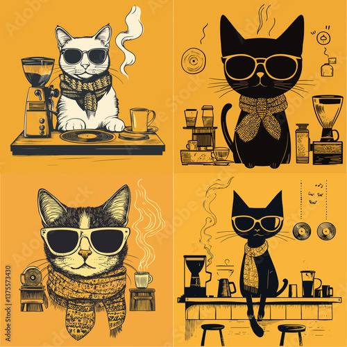 Collection of cool cats wearing scarves and sunglasses in a coffee shop setting with coffee machines and cups, perfect for café designs, hipster themes, and cozy artistic artwork.

