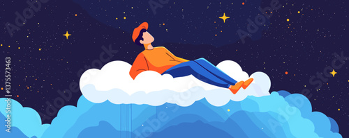 Man relaxing on a cloud in starry night sky, dreamy scene, vector.