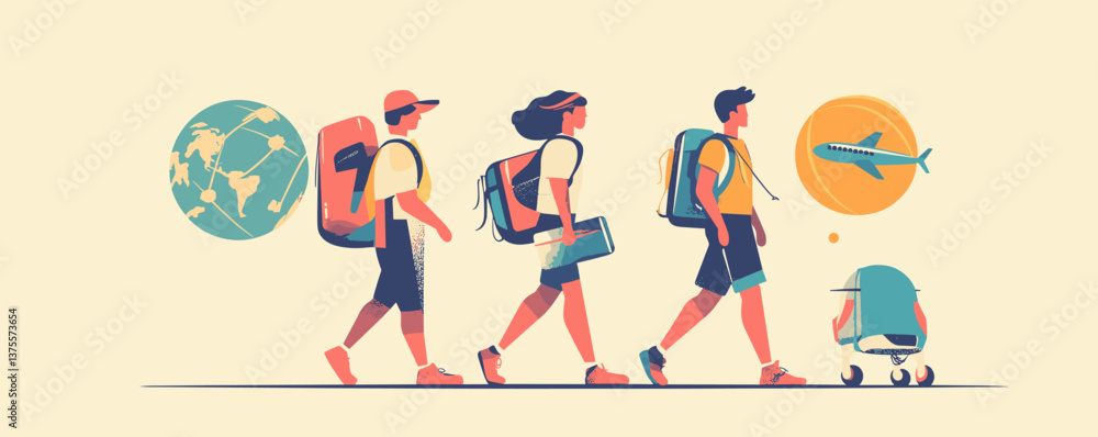 Fototapeta premium Group of travelers with backpacks and globe, airplane symbolizing adventure and exploration - vector.